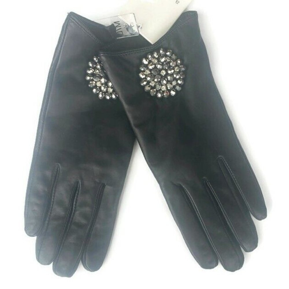 Leather Tech Touch Screen Gloves with Broach Womens M/L Black Winter - Picture 2 of 8